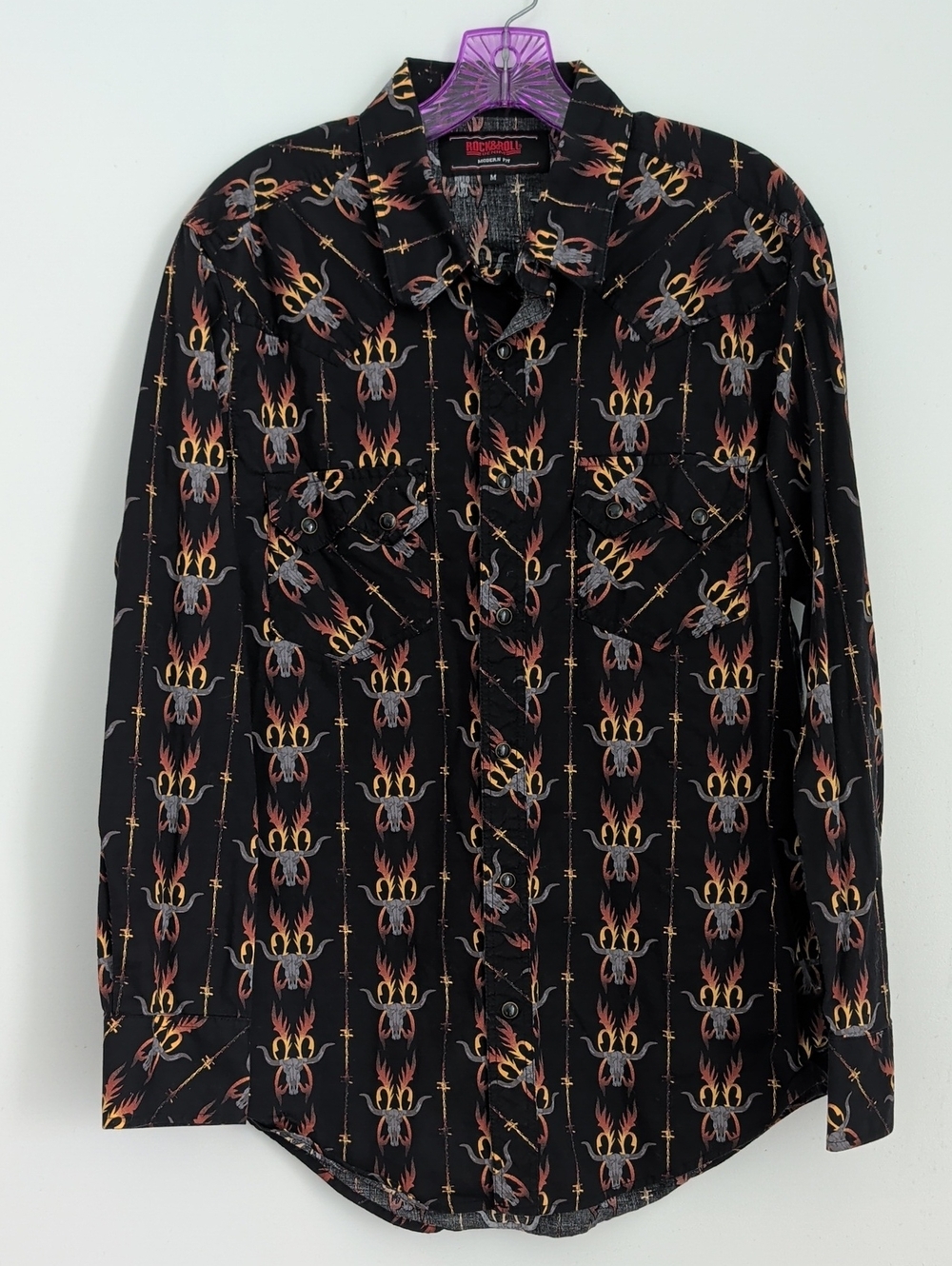 Dale Brisby Flame Steer Head Long Sleeve Snap Western Shirt Size Medium